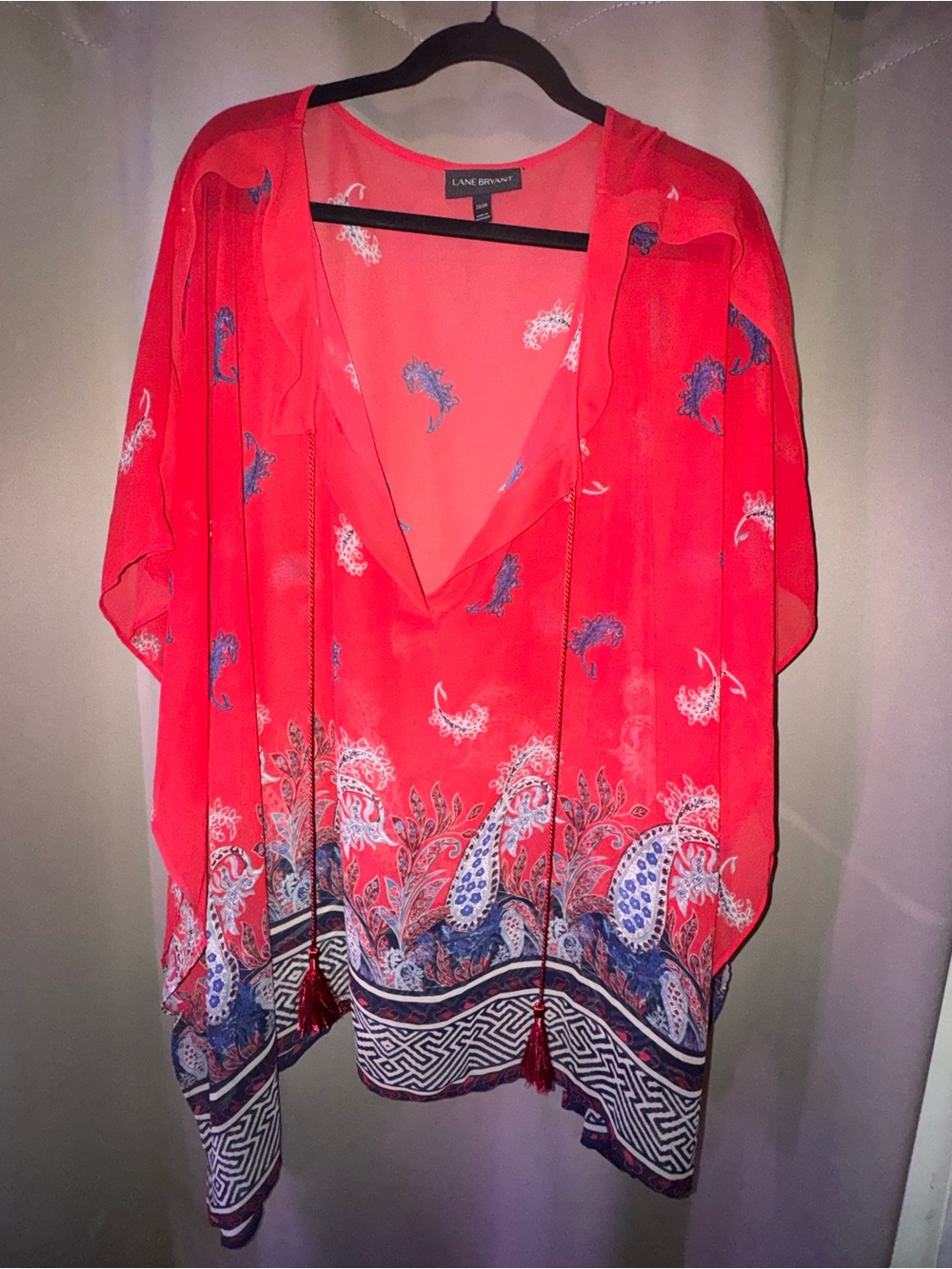 Lane Bryant Coral and Blue Paisley V-Neck Tunic with Tassel Ties
